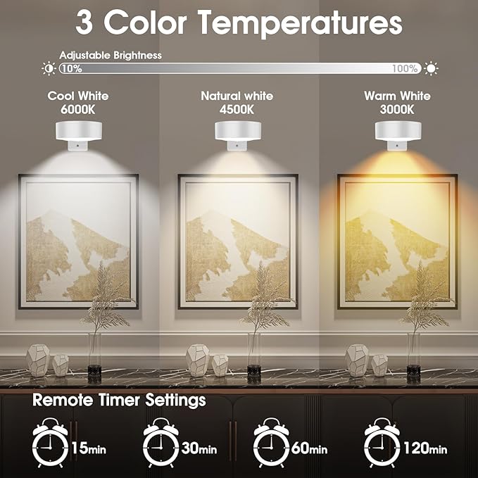 Picture Lights for Wall, 3 Lighting Modes Magnetic Art Display Light,Battery Operated Led Painting Light with Remote Control Dimmable & Timer,3Pack White