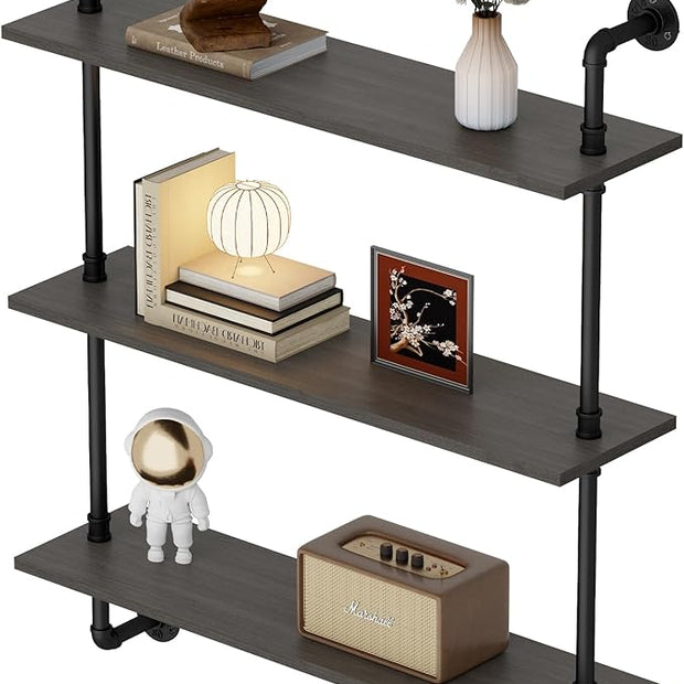 3-Tier Industrial Pipe Floating Shelf – Rustic 36 inch Wood Wall-Mounted Storage Shelf for Kitchen Office,Bathroom & Home Decor -Black