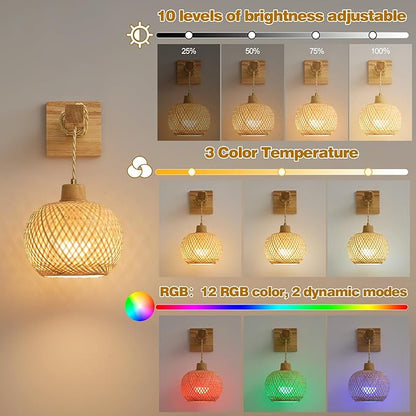 Bamboo Battery Operated Wall Sconces Set of 2, Rechargeable Rattan Cordless Battery Powered Wall Lights/Lamps with Remote, Woven Boho Wireless Decor Lighting Fixture for Living Room Bedroom