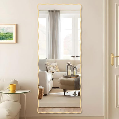 60X24 Inch Gold Wavy Bathroom Mirror for Wall, Scalloped Bathroom Vanity Mirror Farmhouse, Large Rectangle Mirror, Tempered Glass, Hangs Horizontally or Vertically