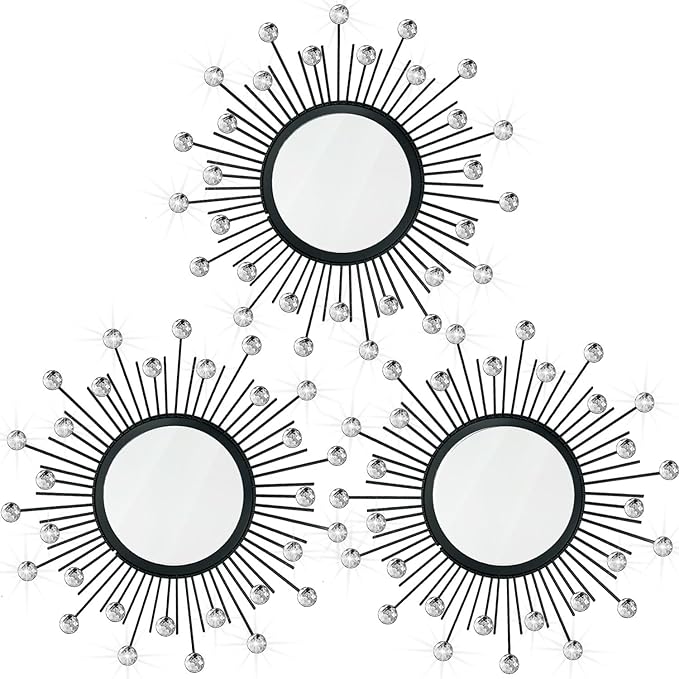 3 Pack Metal Mirrors for Wall Sunburst Wall Mirrors Home Décor Decorative Hanging Wall Art for Living Room Bedroom Entryway (Black Crystal, Sunburst)