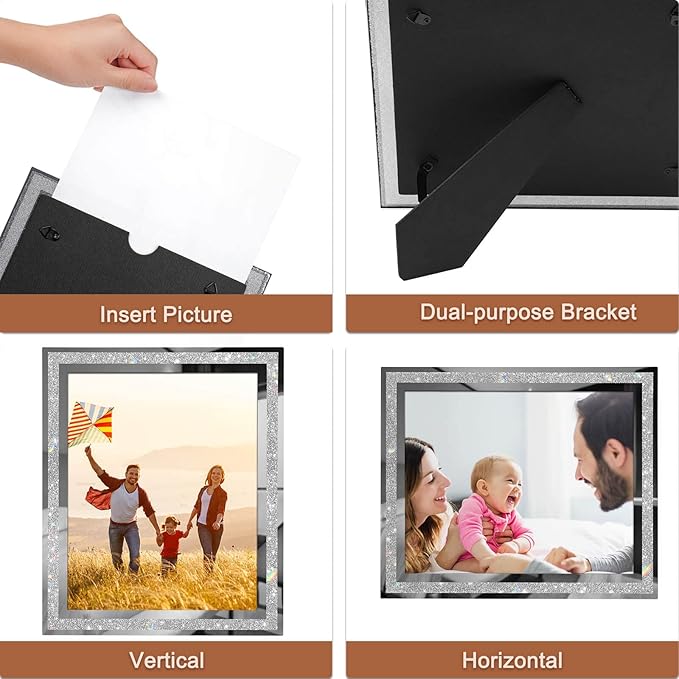 IZIDDO 8x10 Picture Frames Set of 4, Glitter Photo Frame for Tabletop, Sliver Gifts Glass Picture Frame, Horizontally or Vertically