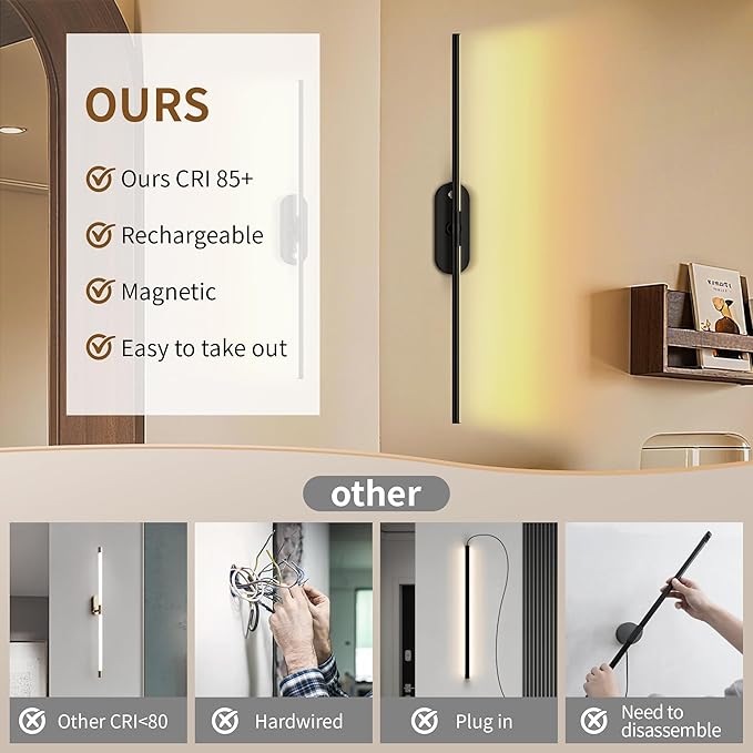 2026 Upgraded Wall Sconces Set of 2, Magnetic 10000mAh Wireless USB Rechargeable Wall Lights,360°Rotation Wall Sconce With Remote Control,LED Dimmable Wall Lamp For Living Room,Bedroom,Hallway (30 In)