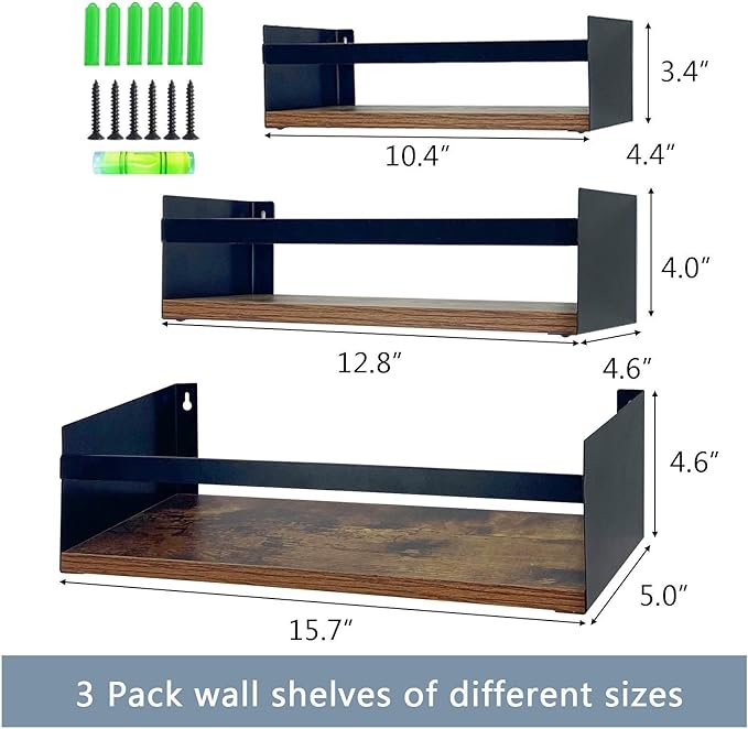 Giftgarden Black Floating Shelves for Wall Set of 3, Industrial Thick Wall Shelf Rack with Iron Rail Bracket for Storage Bathroom Kitchen Bedroom Plant Nursery Books Laundry