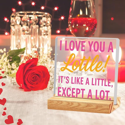 Valentines Desk Decor, Happy Valentine's Day Home Office Table Sign for Porch Tiered Tray Shelf Party, Rustic Romantic Acrylic Gifts Decorations for Him Her Wife, I Love You A Lottle