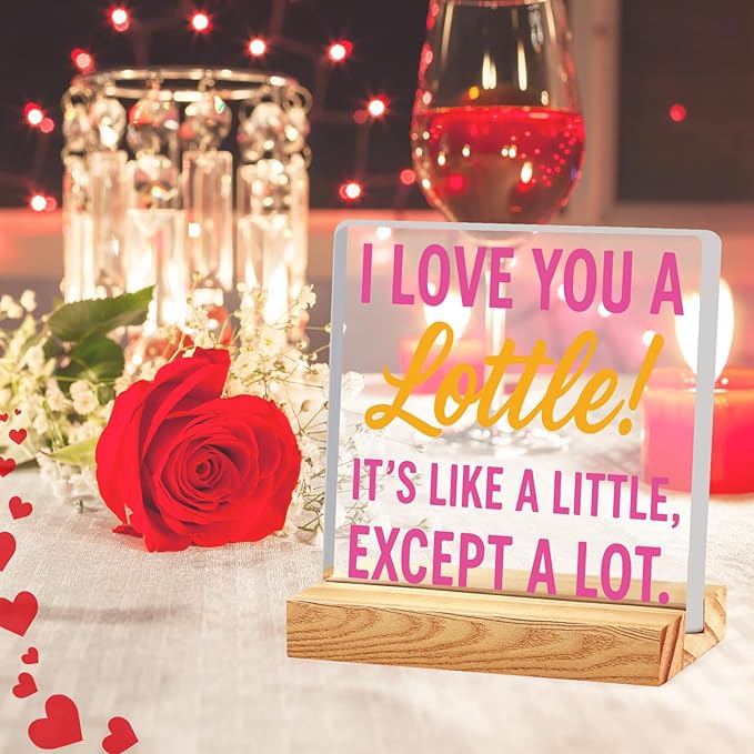 Valentines Desk Decor, Happy Valentine's Day Home Office Table Sign for Porch Tiered Tray Shelf Party, Rustic Romantic Acrylic Gifts Decorations for Him Her Wife, I Love You A Lottle
