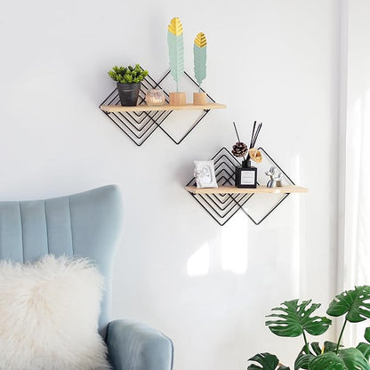Floating Shelves Modern Geometric - Bedroom Wall Shelf Black Hanging Shelf Wooden Shelves Decorative Wall Mounted Metal Decor Plant Display Set of 2