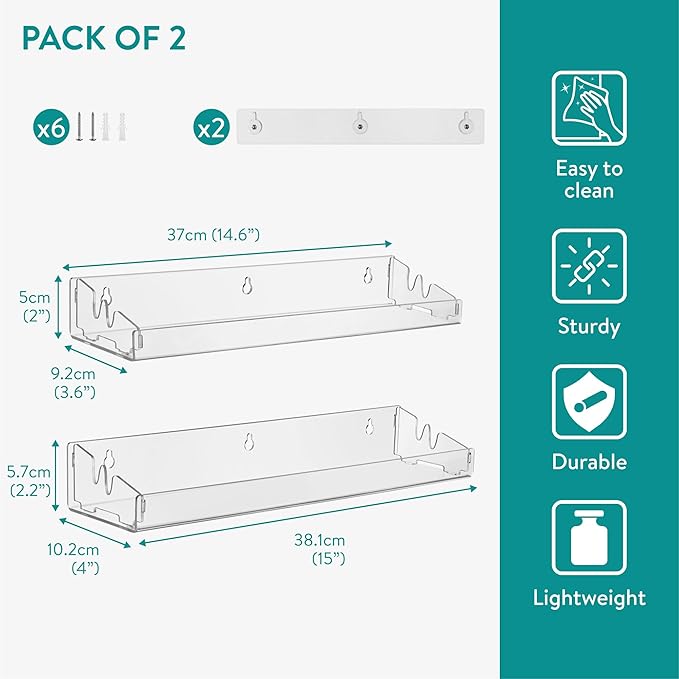 Navaris Clear Acrylic Shower Shelves (Set of 2) - Stick On or Screw Mount Adhesive Shelves for Bathroom - No Drilling or Nails Thin Plastic Wall Shelf