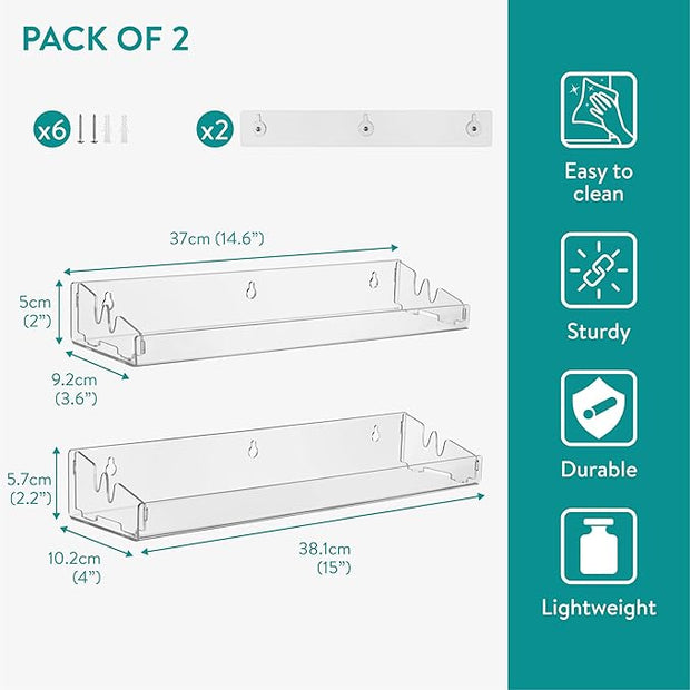Navaris Clear Acrylic Shower Shelves (Set of 2) - Stick On or Screw Mount Adhesive Shelves for Bathroom - No Drilling or Nails Thin Plastic Wall Shelf