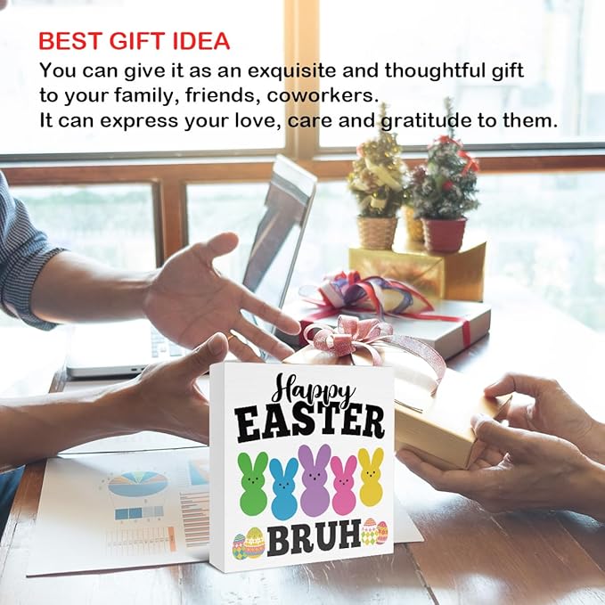 Easter Decor - Happy Easter Bruh Wooden Sign Home Living Room Bedroom Kitchen Bathroom Desk Table Shelf Decor - 5 x 5 Inches