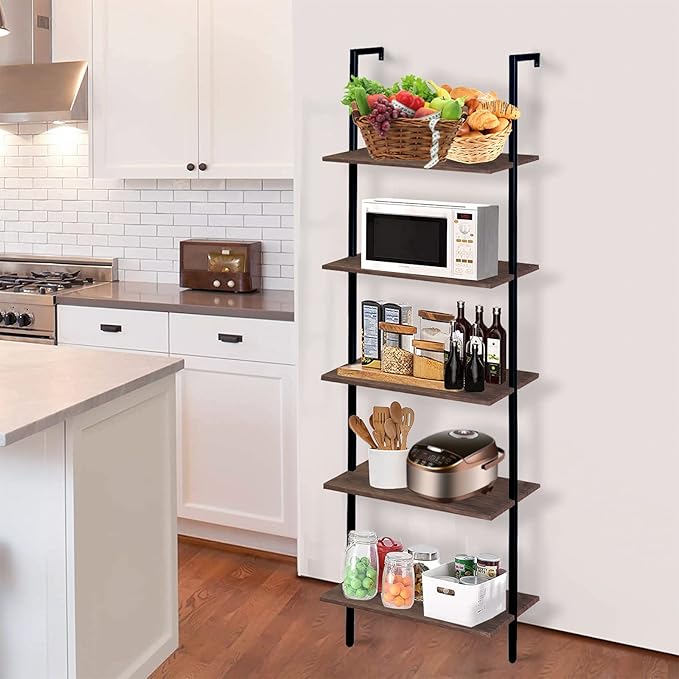aboxoo Ladder Shelf Open Bookshelf 5-tier Wood Wall-mounted Bookcase Storage Rack Open Back Industrial Modern Plant Flower Stand Utility Organizer Bookcase Metal Frame Furniture Office Kitchen Bedroom