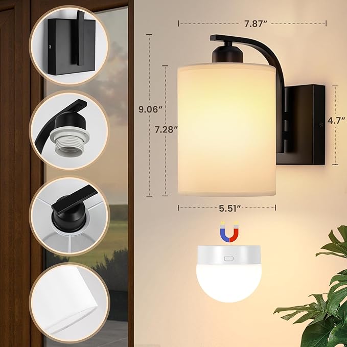 Battery Operated Wall Sconce with Remote Control, Black Rechargeable Wall Lights Set of 2, 15 Colours Wireless Wall Sconce with 3000mAh Dimmable Detachable Bulb for Bedroom, Living Room and Hallway