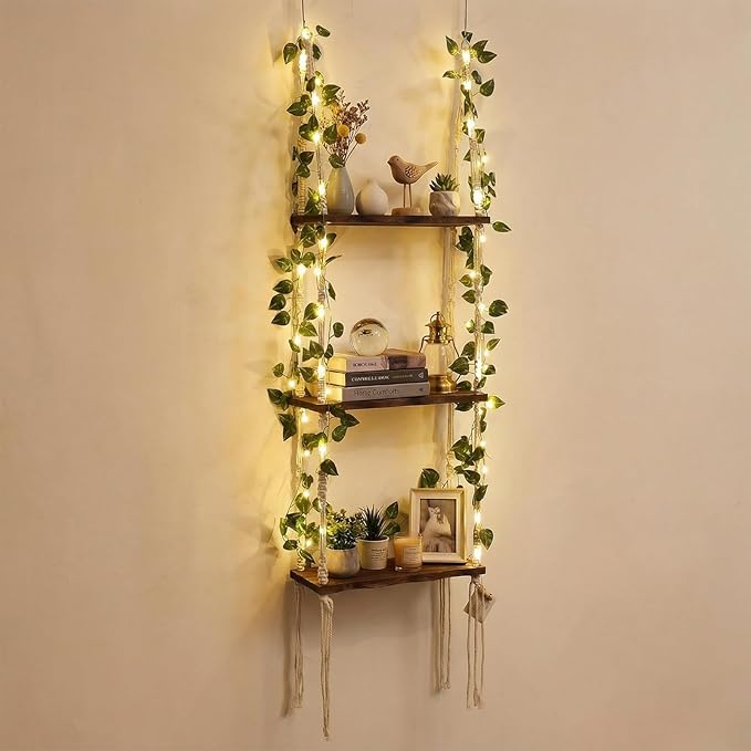 Novabright 3-Tier Boho Wall Hanging Shelves with LED Lights and Green Leaves, Irregular Edge, Floating Wall Shelf for Bedroom Art, Wooden Hanging Floating Storage Shelves Room Decor