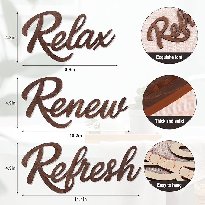 3 Pieces Bathroom Decor Wooden Bathroom Sign,Relax Renew Refresh Sign (Brown)