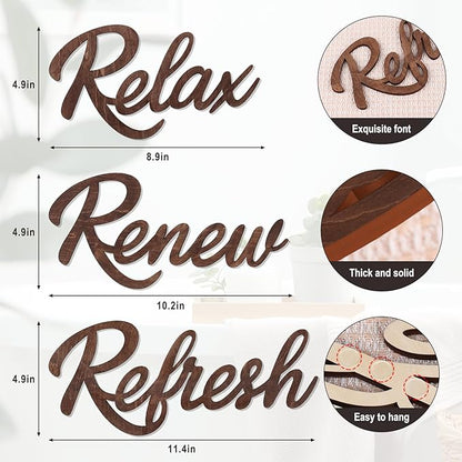 3 Pieces Bathroom Decor Wooden Bathroom Sign,Relax Renew Refresh Sign (Brown)