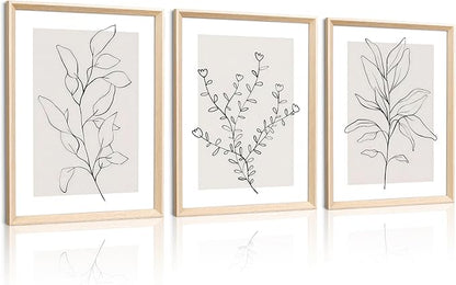 HesenDot 12x16in Botanical High Framed Wall Art Set of 3, Minimalist Line Drawing Plant Canvas Prints, Neutral Modern Nature Wall Decor for Living Room Bedroom Bathroom Office