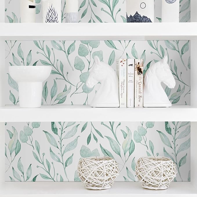 WENMER Green Leaf Wallpaper Floral Peel and Stick Wallpaper 17.7" x 197" Self Adhesive Watercolor Leaves Wall Paper Removable Floral Contact Paper for Cabinets Wall Decor