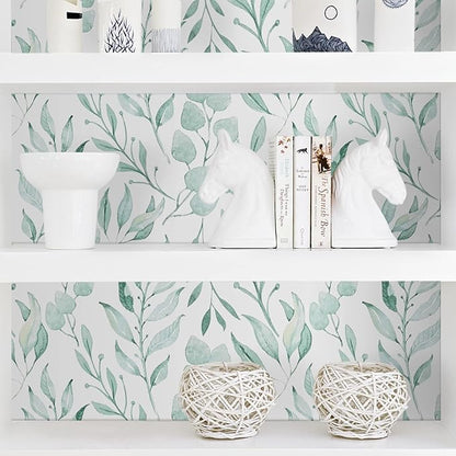WENMER Green Leaf Wallpaper Floral Peel and Stick Wallpaper 17.7" x 1181" Self Adhesive Watercolor Leaves Wall Paper Removable Floral Contact Paper for Cabinets Wall Decor