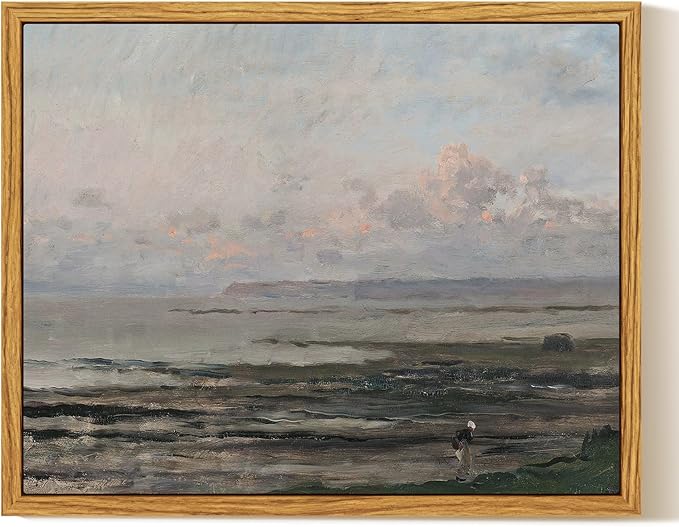 InSimSea Framed Canvas Print Art, Vintage Impressionist Coastal Landscape Painting, Rustic Farmhouse Cottage Decor for Hallway Wall Floating Shelf Desk Vanity Fireplace, 10x8in, Soft Blue Tones