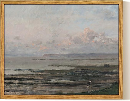 InSimSea Framed Canvas Print Art, Vintage Impressionist Coastal Landscape Painting, Rustic Farmhouse Cottage Decor for Hallway Wall Floating Shelf Desk Vanity Fireplace, 10x8in, Soft Blue Tones