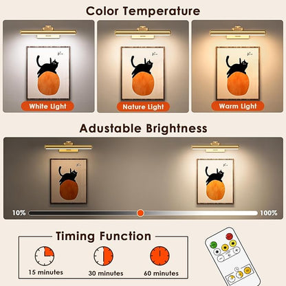 Picture Light for Wall with Remote, Wireless Battery Operated Wall Lights with 3 Colors Dimmable & Timer, 12.6" Rechargeable Metal Wall Sconce for Living Room, Artwork Gallery Display, Gold 1Pack