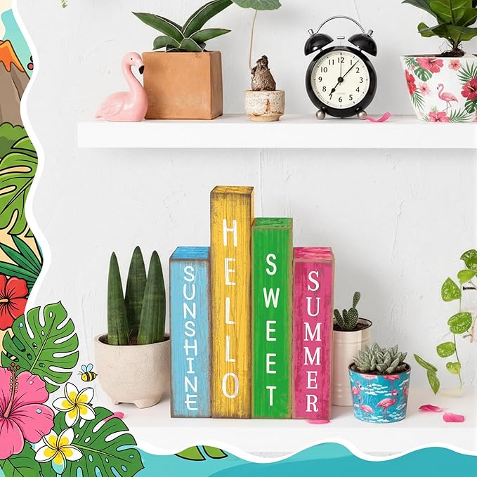 4 Pcs Summer Table Decoration Wooden Book Hawaii Beach Decoration Blue Yellow and Red Summer Tiered Tray Decor Wood Book Sign Farmhouse for Hawaii Party Home Shelf Coffee Table