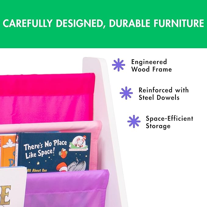 Humble Crew 4-Tier Kids Bookshelf, White Wood/Pink/Purple - Premium Book Shelf for Kids Rooms with Four Deep Pockets - Toddler Sling Book Rack with Deep Sleeves, Nursery Bookcase Organizer
