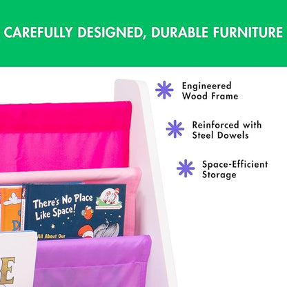 Humble Crew 4-Tier Kids Bookshelf, White Wood/Pink/Purple - Premium Book Shelf for Kids Rooms with Four Deep Pockets - Toddler Sling Book Rack with Deep Sleeves, Nursery Bookcase Organizer