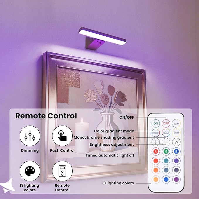 Picture Lights for Wall Battery Operated Gold Wireless Art Light for Paintings, Rechargeable Display Lighting for Picture with Remote Control, RGB Poster Lights for Frame, Gallery, Portraits, 2 Pack