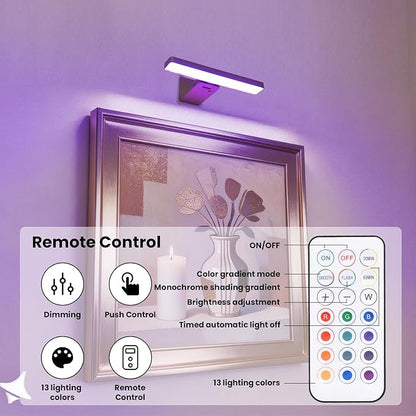 Picture Lights for Wall Battery Operated Gold Wireless Art Light for Paintings, Rechargeable Display Lighting for Picture with Remote Control, RGB Poster Lights for Frame, Gallery, Portraits, 2 Pack
