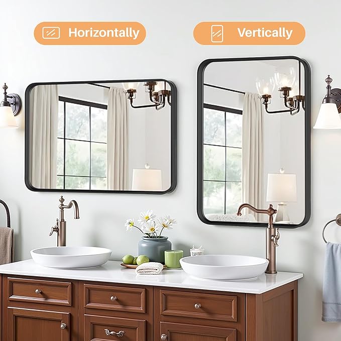 Bathroom Mirror for Wall, 40x30 Inch Rounded Rectangle Mirror, Black Metal Framed Bathroom Vanity Mirror for Restroom Farmhouse, Anti-Rust, Tempered Glass, Horizontally or Vertically Hanging