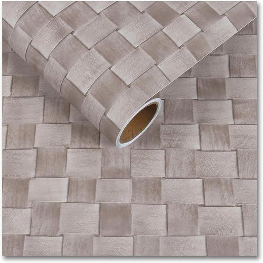 CRE8TIVE Taupe Grey Rattan Peel and Stick Wallpaper for Bedroom Retro Non-Textured Weave Wallpaper 12"x354" Adhesive Waterproof Faux Woven Rattan Cane Look Vinyl Contact Paper for Walls Drawer Liners