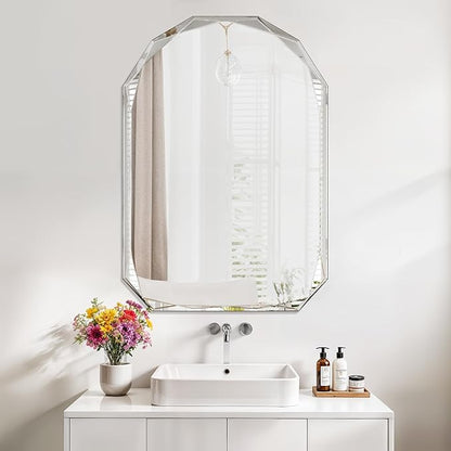 Bathroom Mirror for Wall, 20" x 30" Arched Mirror, Bathroom Vanity Mirrors, Beveled Edge Frameless Wall Mount Vanity Mirrors, Wall Mirror Decorative, Irregular Beveled Edge Mirrors