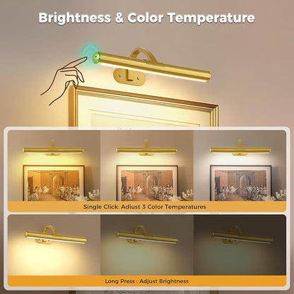 Joossnwell Wireless Picture Light Gold Rechargeable Painting Lamp Battery Wall Light with 3 Modes for Displaying Art, Dartboards and Learn(12.6 Inch)