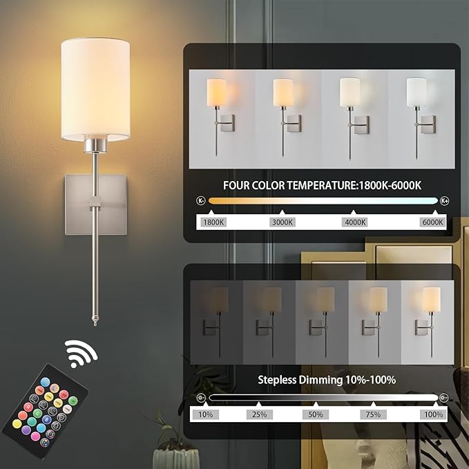 Battery Operated Wall Sconce Set of Two, Wireless Rechargeable Wall Light with Remote Control, Dimmable, 4 Color Temperatures, RGB, Timer, for Living Room,Bedroom,Entryway, Nickel, 20.6 Inch