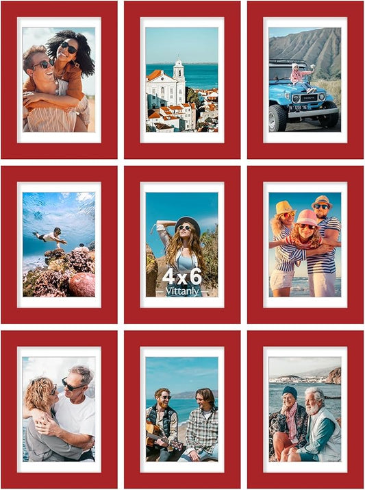 Vittanly 4x6 Picture Frames Set of 9, Shatter Resistant Plexiglass, Display 3.5x5 Pictures with Mat or 4x6 without Mat, Photo Frames for Wall or Tabletop, Engineered Wood, Red