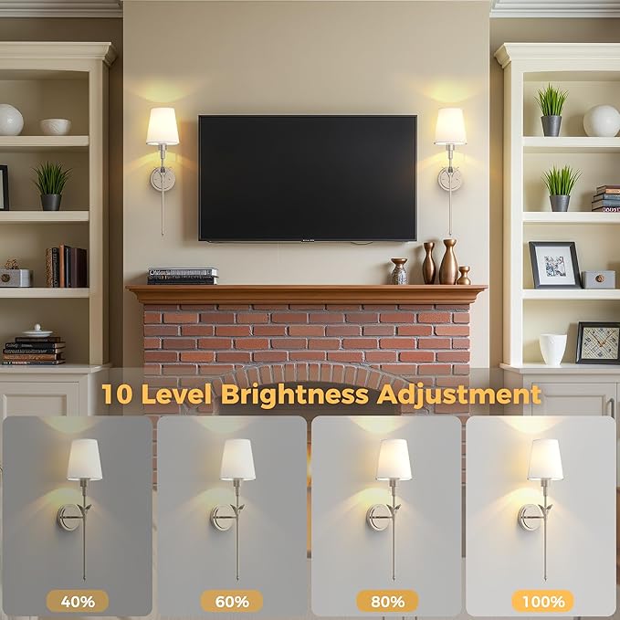 DORESshop Battery Operated Wall Sconce Set of 2, Wireless Wall Light Easy to Install, 7 Color Rechargeable Wall Sconces, Sconce Wall Decor Set of 2 for Bedroom, Living Room, Silver, 24.3in