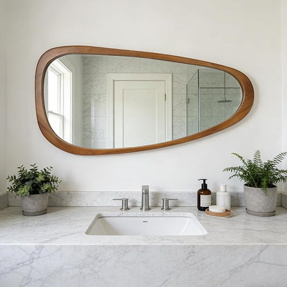 Ruomeng Full Length Irregular Wall Mirror, 48 x 22 Inch Wooden Mirror, Boho Large Decorative Asymmetrical Mirror for Bathroom, Living Room, Bedroom, Entryway, Farmhouse, Tempered Glass, Shatterproof