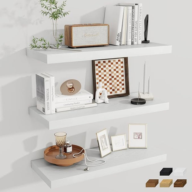 Fun Memories 12 Deep Floating Shelves for Wall | 30W x 12D Large Floating Shelves | 3 Pack Storage Space Wall Mount Shelf for Living Room Bathroom Toilet Laundry Room Kitchen Home Office - White