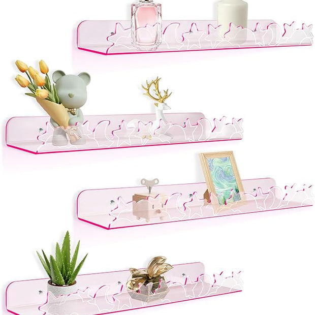 Floating Shelves for Wall,4 Pack 15.7’’x 3.5’’Adhesive Acrylic Shelves Organizer for Book Toy Photo Makeup,Wall-Mounted Kids Storage for Bathroom,Bedroom,Nursery,Pink Star and Moon