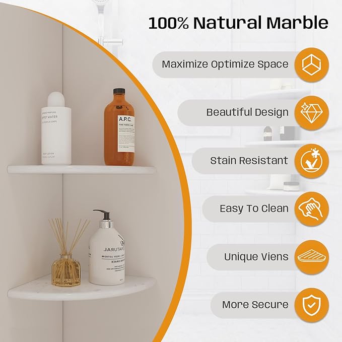 Marble Corner Shower Shelf, 9 Inch Carrara White Marble Corner Shelf for Bathroom Shower Decor, Wall Mounted, Polished, 2 Pcs