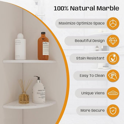 Marble Corner Shower Shelf, 9 Inch Carrara White Marble Corner Shelf for Bathroom Shower Decor, Wall Mounted, Polished, 2 Pcs
