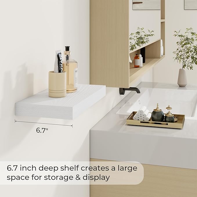Dreamland 16 Inch Long Floating Shelves in White,6.7 Inch Deep Floating Shelf for Wall,Large Display & Storage Shelf, Wall Shelf for Bathroom Bedroom Living Room Kitchen Office，Set of 2