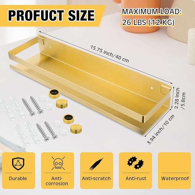 Lallisa 2 Pieces Stainless Steel Shelf Bathroom Shower Floating Shelves Wall Mounted Shower Caddy Basket Shelf Storage Organizer Shelves for Bathroom, Kitchen, Living Room (15.75 Inch/ 40 cm,Gold)