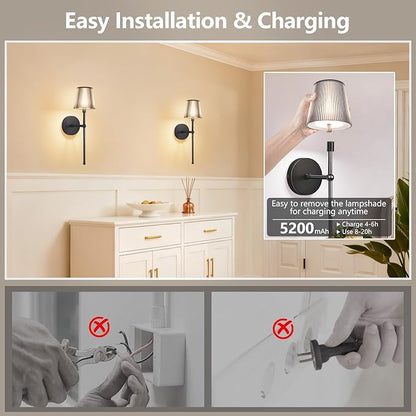 Kimjo Battery Operated Wall Sconce Set of 2, 5200mAh Rechargeable Wireless Wall Sconces Lights with Dimmable Timer Remote, Cordless Black Wall Light for Bedroom Living Room Hallway Decor