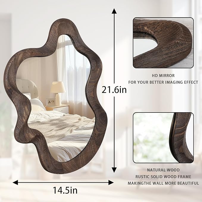 Asymmetrical Wavy Mirror for Wall Decor - Large Cute and Stylish Unique Wooden Framed Artistic Cloud Mirror, 21.6