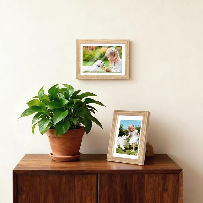 5x7 Picture Frame Set of 4, Displays 4x6 with Mat or 5x7 Without Mat, Photo Frames for Wall Hanging or Tabletop, Includes HD Plexiglass, Light Wood Grain