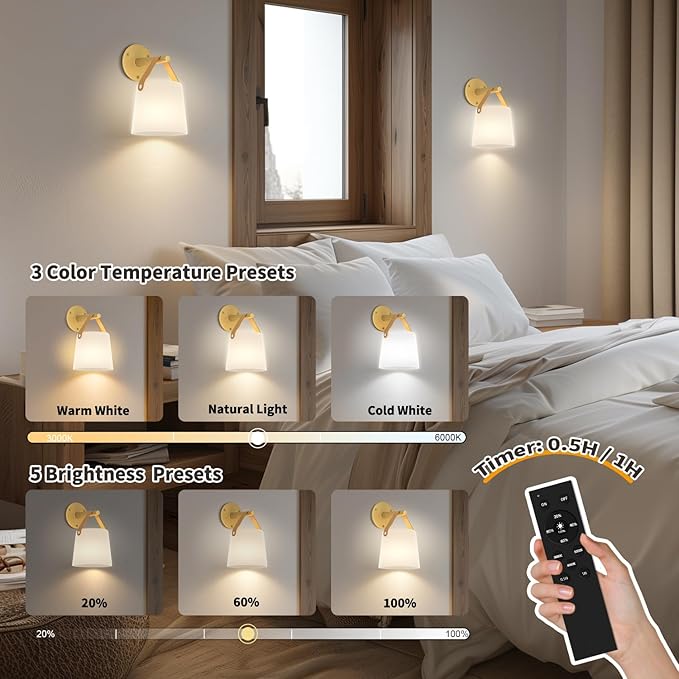 TACAHE Rechargeable Wall Sconce - Plastic Frosted Lampshade - 3 Color Temp & 5 Brightness - Remote Control - 5000 mAh Battery Operated - Cordless Wall Lamp for Camper, RV - Set of 2 (Gold)