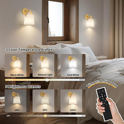 TACAHE Rechargeable Wall Sconce - Plastic Frosted Lampshade - 3 Color Temp & 5 Brightness - Remote Control - 5000 mAh Battery Operated - Cordless Wall Lamp for Camper, RV - Set of 2 (Gold)