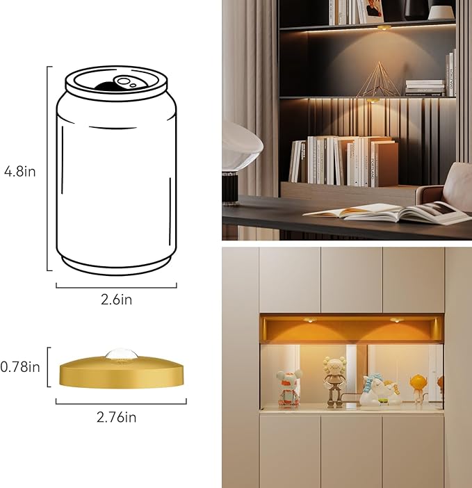 Yiliaw Rechargeable Puck Lights with Remote, 12 Pack Magnetic Under Cabinet Lighting, 1500mAh Battery Operated LED Tap Lights with Dimmer & Timmer for Kitchen, Closet, Shelf - 3 Color Temps, Gold